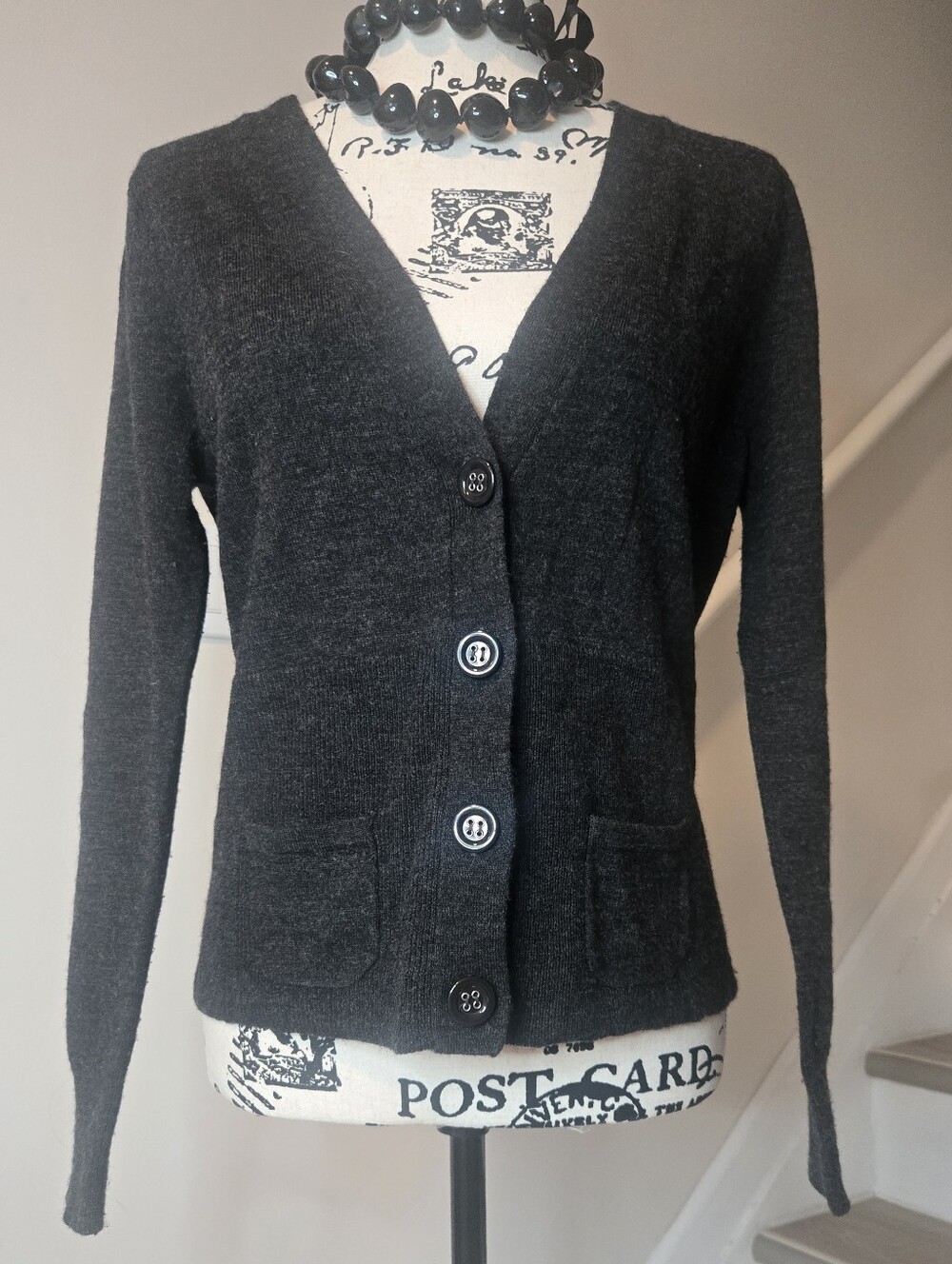 Tweeds Black V-Neck Button Front Cardigan Blazer 100% ITALIAN Merino Wool